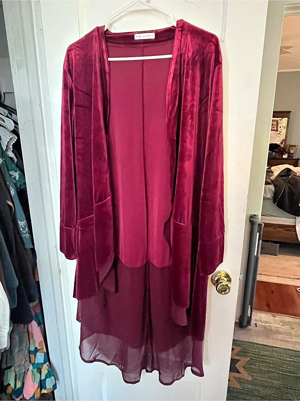 R Vivimos Ruffled Asymmetric Long Velvet Blazer Velvet Midi Dress Burgundy XL